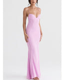 Kamames Sexy V Neck Sling Backless Maxi Mermaid Dress Elegant Pink Spaghetti Strap Bodycon Long Dress Mermaid Gown Celebrity Party Dress