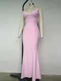 Kamames Sexy V Neck Sling Backless Maxi Mermaid Dress Elegant Pink Spaghetti Strap Bodycon Long Dress Mermaid Gown Celebrity Party Dress