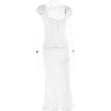 Kamames Sexy Hollow Out Midi Dress for Women Summer Elegant Chic V-Neck Slim Party Dress White Short Sleeve Casual Dress