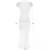 Kamames Sexy Hollow Out Midi Dress for Women Summer Elegant Chic V-Neck Slim Party Dress White Short Sleeve Casual Dress