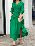 Kamames Green Women Dress Elegant Spring Summer Long Sleeve V Neck Party Dresses with Slit Pleated Beach A-LINE Maxi Dress for Women