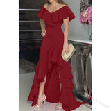 European American Elegant Party Dresses Sexy V-neck Irregular Solid Color Maxi Dress Hem Ruffle Women Short Sleeve Floor-Length