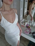 Kamames Sexy Backless White Party Dress For Women Spaghetti Strap High Split Slim Sheath  New Spring