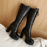 kamames Spring Autumn Lacing Knee High Boots Women Fashion White Square Heel Long Boots Woman Leather Shoes Winter Large Size 34-43