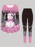 Two-Piece Snowman Print Casual Outfit - Women's Pantsuits with Crew Neck Long Sleeve T-shirt & Skinny Leggings - Comfortable Winter Clothing for Ladies