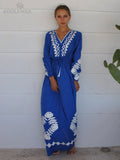 kamames Elegant Embroidered Kaftan Plus Size Belted Maxi Dress Tunic Summer Clothing For Women Beach Wear Tunic Long Dresses Q1364