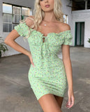 kamames Queens Woman Green Floral Print Sexy Off Shoulder Cotton Patch Mini Dress Ladies Short Sleeve Lace-up Sundress