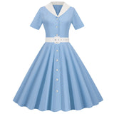 Zingj Solid Shirt Women Dress With Belt Button Hepburn Style Turn Down Collar Swing Dresses Retro Vintage 60s Rockabilly Vestidos