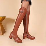 kamames Woman's Boots Chunky Low Heel Over The Knee Boots Autumn Winter Platform Round Toe Zipper Women Shoes Black Pink White