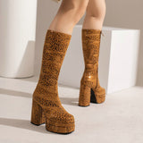 kamames Fashion Women Knee High Boots Flock Platform Chunky High Heel Punk Boots Square Toe Zipper Autumn Winter Ladies Shoes