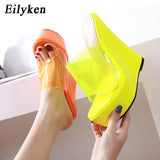 kamames Orange Yellow Platform Wedges Slippers For Women High Quality PVC Transparent Jelly Shoes Summer Sandals Size 35-42
