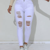 Womens High-Stretch Ripped Skinny Jeans - Fashion-Forward Distressed Detail, Ultra-Slim Fit, Premium White Denim - A Casual Wardrobe Essential