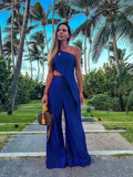 kamames Solid Female Pant Two piece Set Skew Collar Sleeveless Top High Waist Wide Leg Pants Suit Elegant Evening Party Women Set