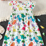 Girls Adorable Dino Graphic Flutter Sleeve Dress - Perfect for Summer Parties & Outdoor Fun - A Delightful Gift Option