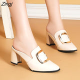 kamames Pointy, Chunky Muller Heels Metal Decoration Women's Shoes Black White High Heel Stylish Patent Leather Heels