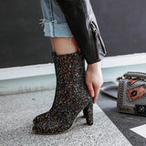 kamames Women Boots Fashion Sequined Cloth Square High Heel Ankle Boots Sexy Zipper Autumn Winter Shoes Woman 2018 White Black Green