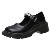 kamames Buckle Mary Jane Shoes Thick-Soled Flat-Soled Spring Single Shoes Round Head White Bright Leather Small British Leather Shoes