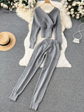 kamames Winter Casual Knitted Two Pieces Suits V Neck Long Sleeve Sweater+ Elastic Casual Long Pants Sets Women Sweater Sets