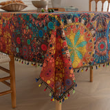 Vibrant Red Polka Dot Bohemian Linen Tablecloth with Tassels - Stunning Geometric Digital Print, Washable, Durable, and Easy Care for Festive Gatherings, Everyday Meals, and Outdoor Parties - Handcrafted with Love for a Unique Touch