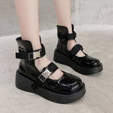 Lolita Shoes Buckle Ankle Strap Platform Shoe Women Patent Leather Thick Sole Punk Hollow Outs Retro Motorcycle boot Girls