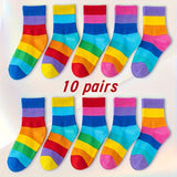 10 Pairs Of Kid's Fashion Rainbow Color Pattern Crew Socks, Comfy Breathable Soft Socks For All Seasons Wearing