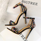 BIGTREE Shoes Color Rivets Women Sandals Roman Style Heeled Sandals Hollow Out High Heels Stiletto Sexy Party Shoes Sandals