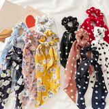 Women Streamers Scrunchies Polka Dot Floral Print Elastic Bow Hair Rope Girls Hair Ties Korean Sweet Hair Accessories Headwear