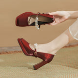 kamames kamames Square Head Thick Heel High Heels 2024 Spring French Pearl One Word Buckle Satin Wedding Shoes Bride Shoes