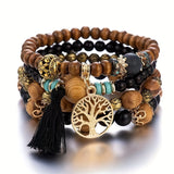 4-Piece Set of Exquisite Bohemian Life Tree Flow Hematopewood Beaded Bracelets - Multi-Layered, Stylish, and Meaningful Jewelry for Women - Perfect for Everyday Wear and Gift Giving