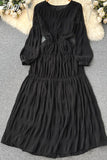 kamames Autumn Women Draped Chiffin Dress Femael Vintage Round Neck Puff Long Sleeve High Waist A-Line Loose Pleated Robe New