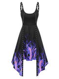 kamames Fire Print Eyelets Asymmetric Dress Irregular Zippered Gothic Jurken Streetwear Femme Dresses