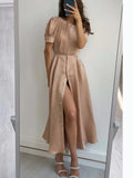 Zingj Fashion Loose Long Waist Maxi Dresses Elegant Button Party Long Dress Women Fashion O-Neck Puff Sleeve Solid A-Line Dress