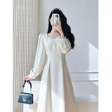 kamames Vintage White Midi Dresses for Women 2023 New Autumn Elegant Fashion Square Neck Long Sleeves Bride Wed Female Clothing