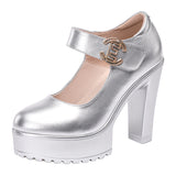 kamames High Heel 12Cm Cheongsam Model Catwalk Shoes Women's Thick Soles Waterproof Platform Silver Round Head Stage Performance Shoes Women's Singles Shoes