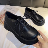 kamames Big-Headed Shoes Female Muffin Tie Round Head Thick-Soled Derby Shoes Doll Sen Small Black Leather Shoes Single Shoes