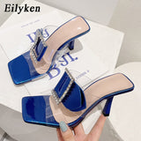 kamames Brand Buckle Crystal Rhinestones Women Slipper Summer Fashion Jelly Square Toe High Heels Party Slide Shoes