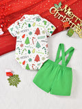 Adorable Boys' Christmas Party Outfit Set - Short Sleeve Shirt & Suspender Shorts, Machine Washable, Stretch Fabric, Perfect for Outdoor