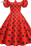 kamames Women Summer Dress Puff Short Sleeve Polka Dot Peter pan Collar Vintage A-line Midi Long Party Sundress Robe Femme