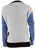 Chic Denim Patchwork Top with Stretch for Comfort - Long Sleeves & Round Neck for Versatile Styling, Perfect for Casual Wear