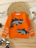 Boys Stylish Shark Pattern Sweater Round Neck Long Sleeve Stretch Warm Knit Pullover Top Kids Clothes Outdoor