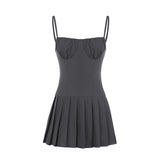 Zingj And Spicy Girl Chest Pleated One-Word Collar Small Sling Waist Show Thin Pleated Dress Pure Desire Girl Short Skirt