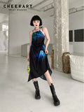 kamames Tie Dye Blue Black Long Slip Dress For Women 2022 Summer Drawstring A Line Asymmetrical Dress Fashion Clothing