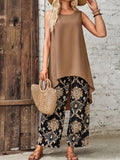 Spring-Summer Women's Two-Piece Set - Charming Floral Print & Solid Tank Top Combo, Comfy Wide-Leg Pants & Flattering High-Low Hem Top, Perfect for Casual Days and Relaxed Evenings