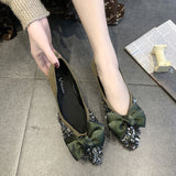 kamames Shiny Elegant Fashion Flat black shoes for women Flat Ballet Shoes Female Glitter Bling Crystal Bow Tie Pointed Toe Flats