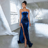 kamames Black Blue Strapless Floor-length High Split Evening Dress Women 2022 New Spring Backless Long Maxi Formal Party Dresses