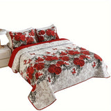 3pcs Charming Rose Floral Quilted Bedspread Set - Soft Brushed Polyester, Machine Washable, All-Season Comfort For Bedroom And Guest Room