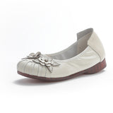 kamames New Flat Bottom Low Heel Head Layer Cowhide Women's Shoes Ethnic Wind Flowers Leather Women's Single Shoes Middle-Aged And Elderly Mother Shoes