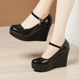kamames Heel High Heel Buckle Spring Single Shoes 2023 New Thick-Soled Waterproof Platform Walking Shoes Lacquered Leather Shallow-Mouth Work Shoes