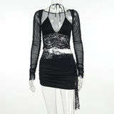 kamames Autumn New Fashion Temperament Sexy Deep V Slim Lace Spliced Net Long-Sleeved Dress Woman