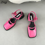 kamames Women's Red Sandals 2023 Summer Square Toe Shoes Women's Buckle Solid Color Newest Wedding Party High Heels Women's